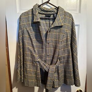 New York & Company Plaid Belted Cape Jacket with Yellow Accent